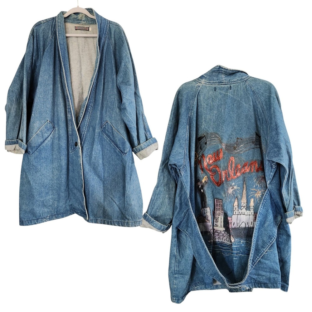 Vintage Furrrina New Orleans Denim Blazer Oversized Puff Paint Jacket Large